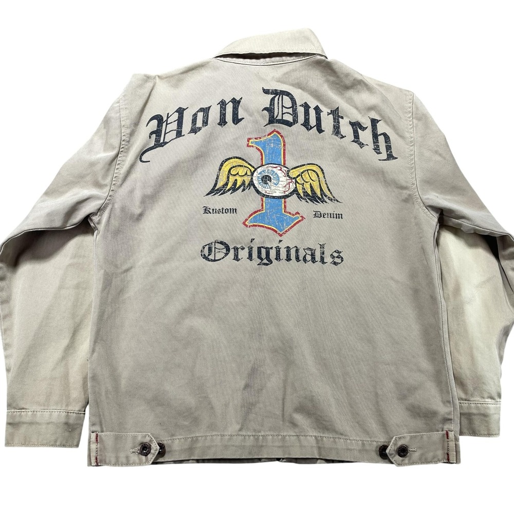 Von Dutch Jacket Kids Medium Beige Twill Full Zip Back Graphic USA Made